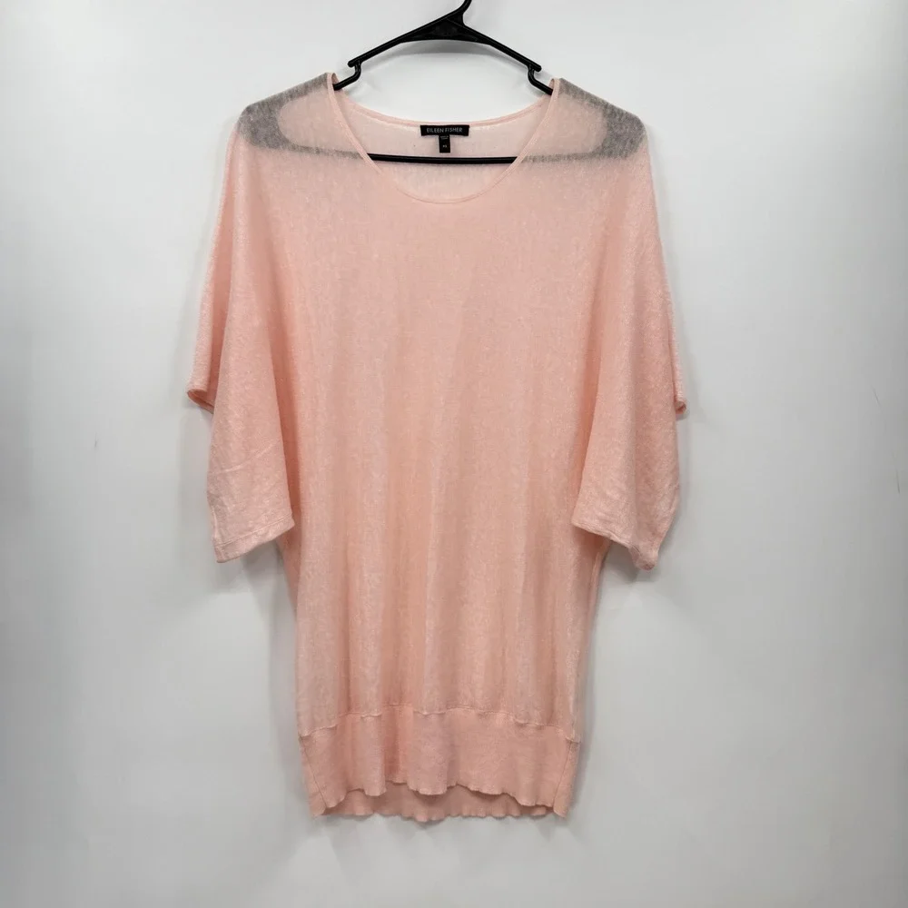 Eileen Fisher XS‎ Pink Linen Knit Top Dolman Sleeve Lightweight Sweater